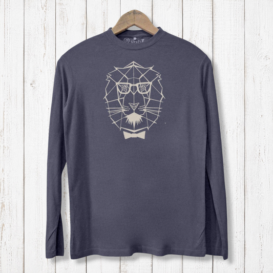 Men's Geometric Lion T-shirt in charcoal gray, made from bamboo and organic cotton. Eco-friendly long sleeve shirt with bold lion graphic design.
