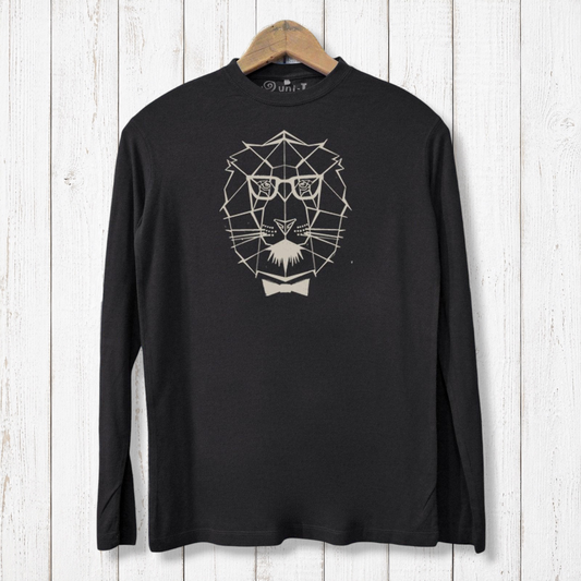 Black Men's Geometric Lion T-shirt featuring a modern lion face print. Sustainable bamboo and organic cotton long sleeve for stylish comfort.