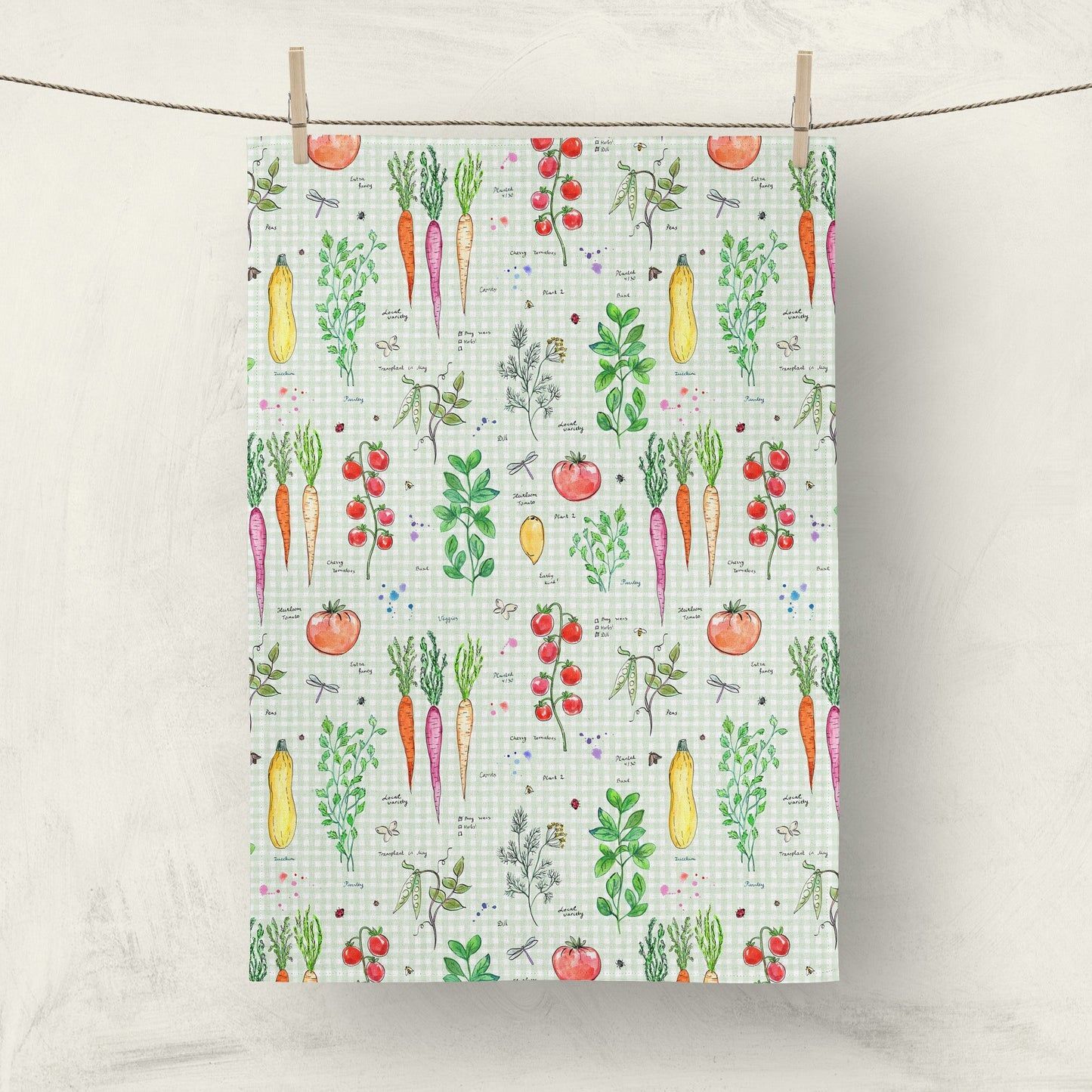 Watercolor vegetable pattern tea towel for kitchen decor
