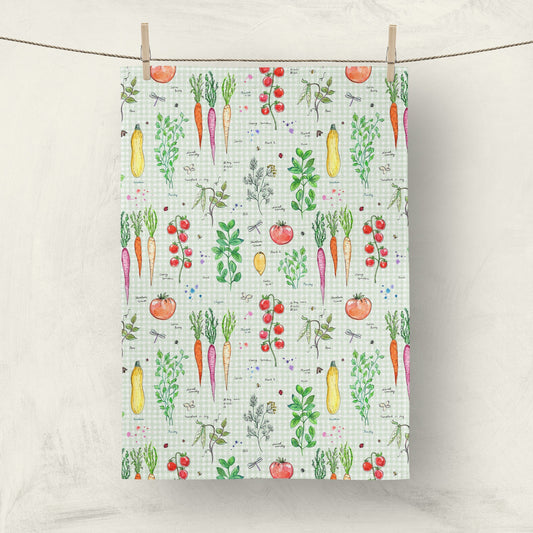 Watercolor vegetable pattern tea towel for kitchen decor