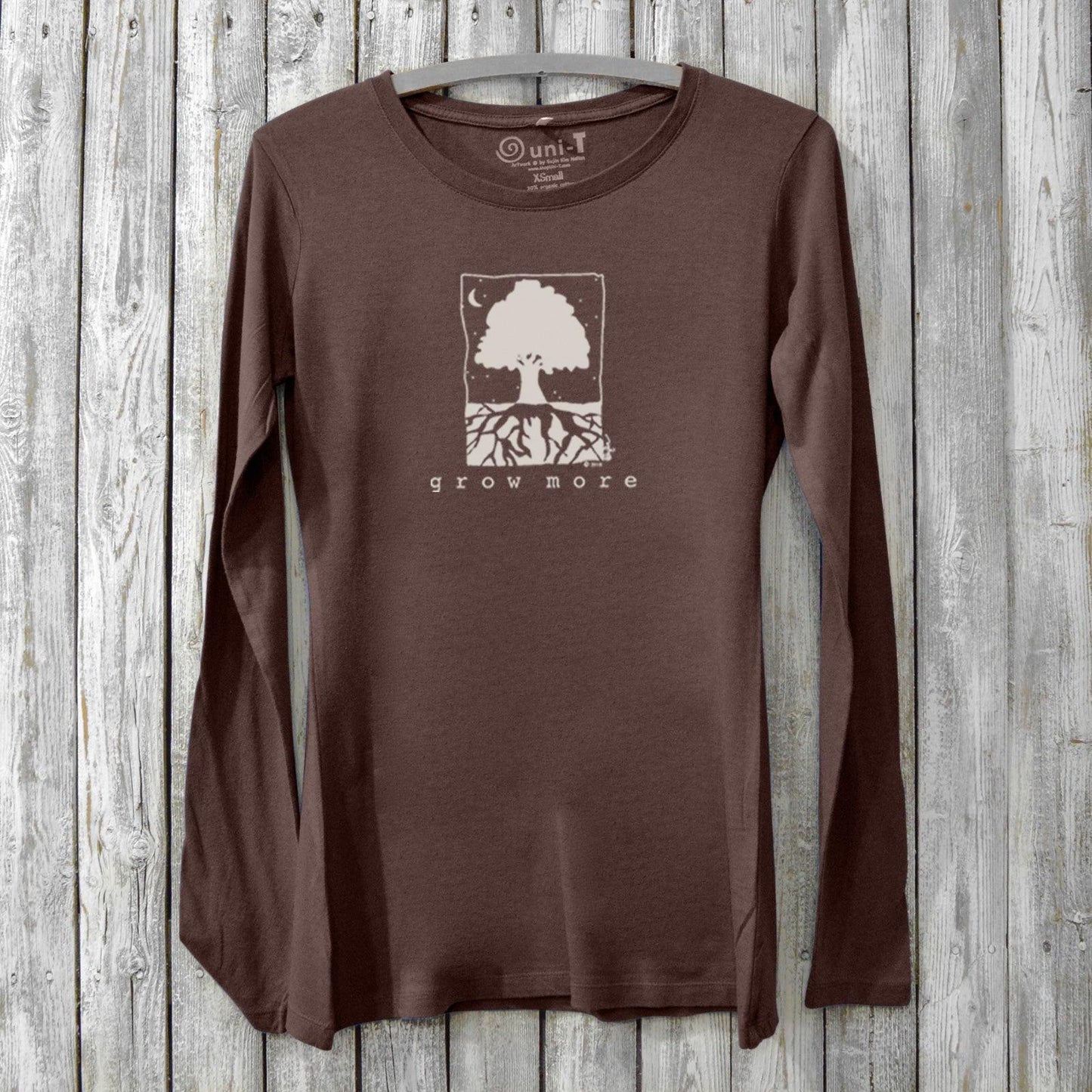 Women's Tree Long Sleeve T-Shirt in bamboo and organic cotton in dark brown with 'Grow More' tree graphic, ideal for gardening and nature lovers.