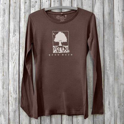 Women's Tree Long Sleeve T-Shirt in bamboo and organic cotton in dark brown with 'Grow More' tree graphic, ideal for gardening and nature lovers.