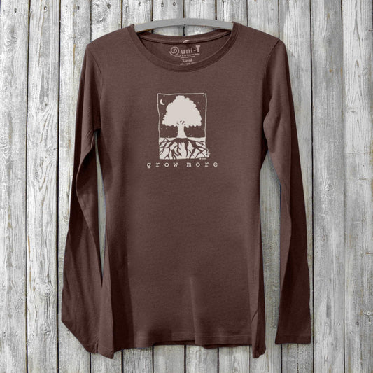 Women's Tree Long Sleeve T-Shirt in bamboo and organic cotton in dark brown with 'Grow More' tree graphic, ideal for gardening and nature lovers.