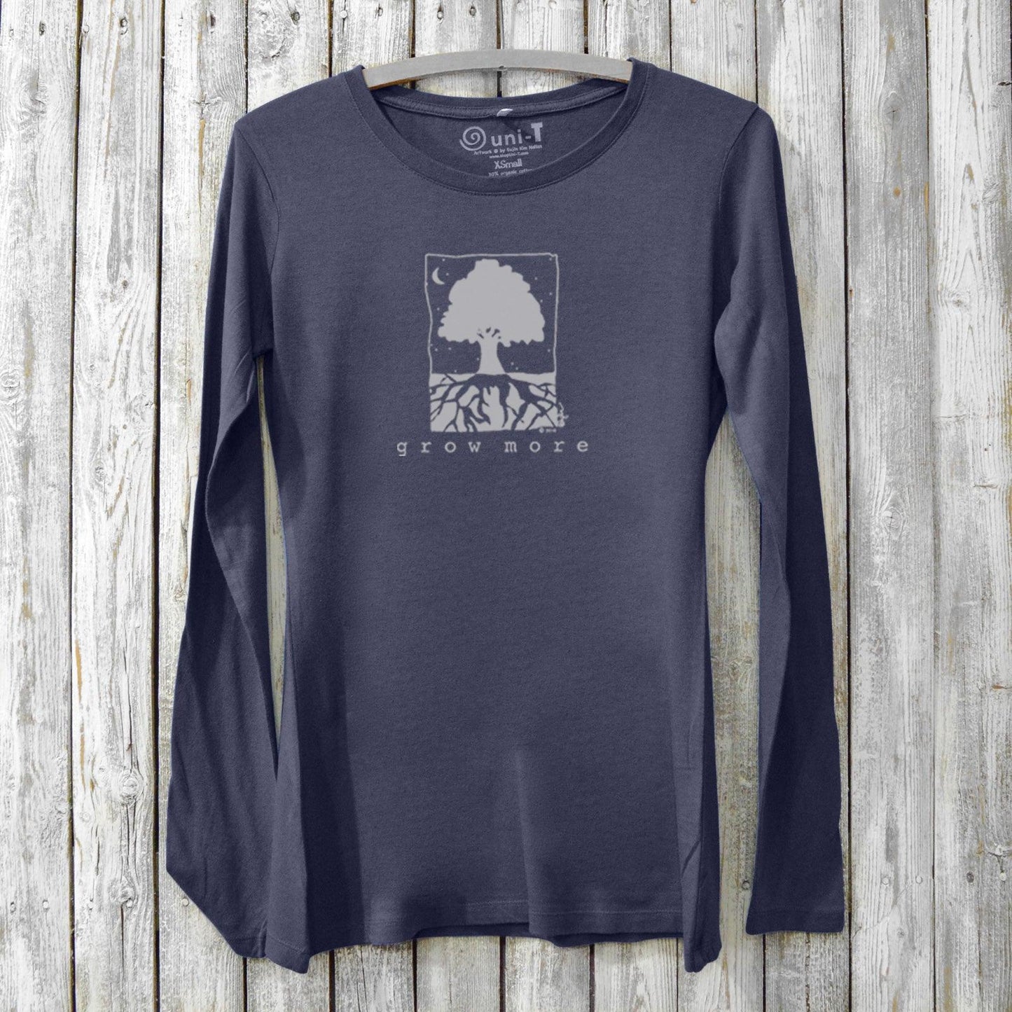 Navy blue women's bamboo and organic cotton long sleeve T-shirt featuring a 'Grow More' tree graphic, perfect for eco-conscious gardeners.