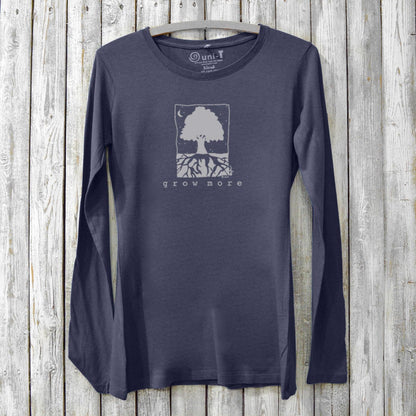 Navy blue women's bamboo and organic cotton long sleeve T-shirt featuring a 'Grow More' tree graphic, perfect for eco-conscious gardeners.