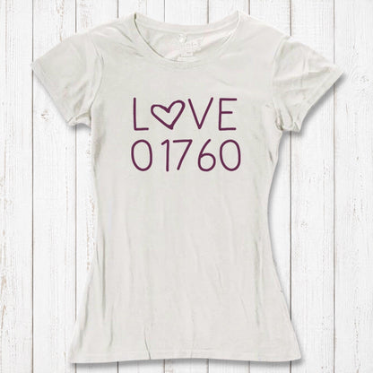White women's T-shirt made of organic cotton and bamboo with purple 'LOVE' text and heart-shaped 'O' design, casual wear, SKU: WSSXXSPUR