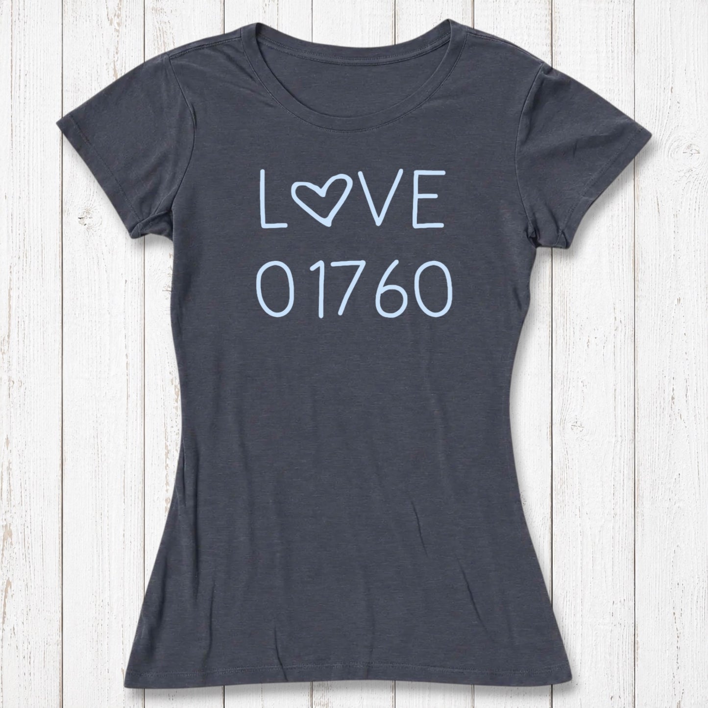 Dark gray women's T-shirt made of bamboo and organic cotton with light blue 'LOVE' text and heart symbol, casual style, size medium
