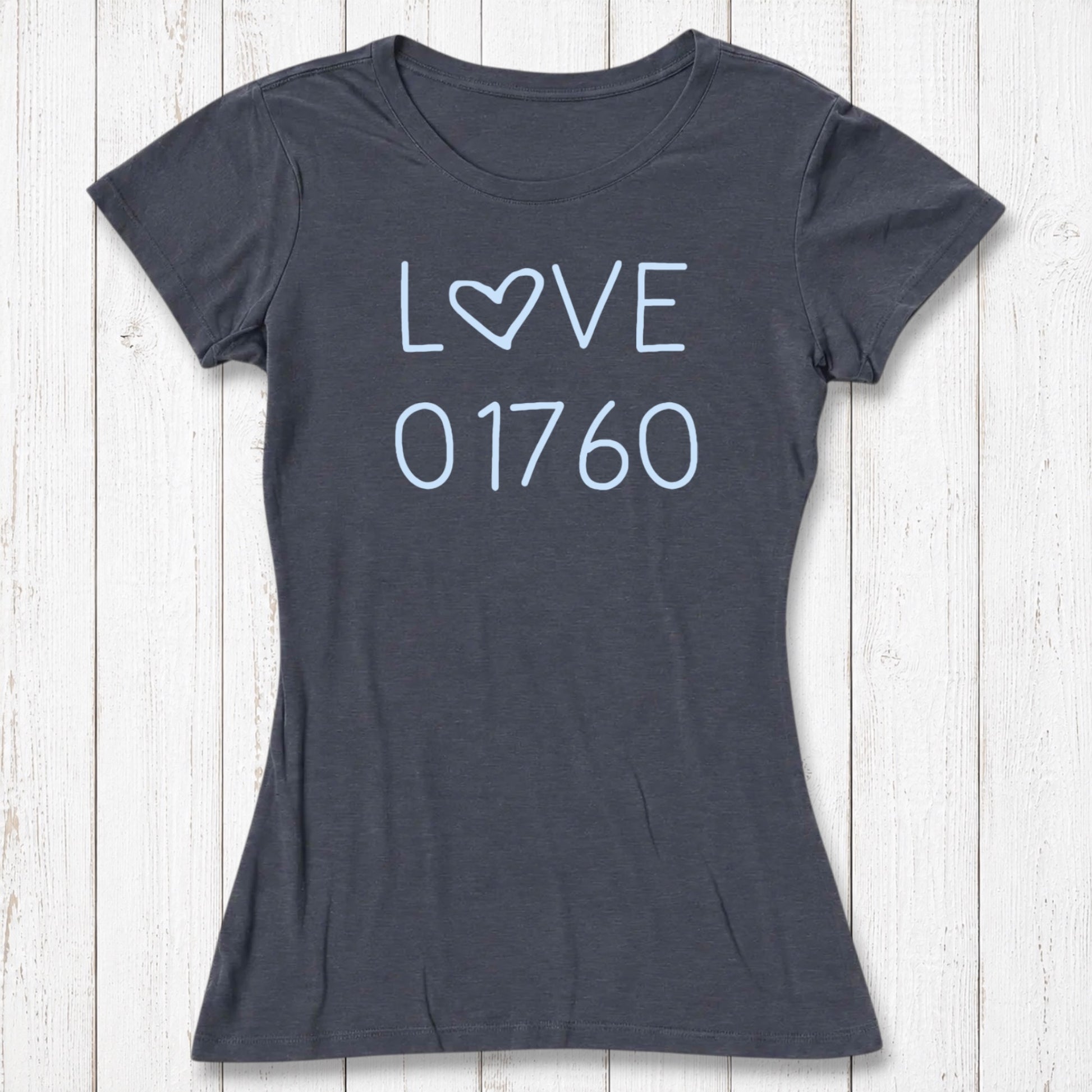 Dark gray women's T-shirt made of bamboo and organic cotton with light blue 'LOVE' text and heart symbol, casual style, size medium