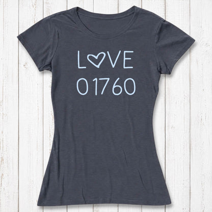 Dark gray women's T-shirt made of bamboo and organic cotton with light blue 'LOVE' text and heart symbol, casual style, size medium