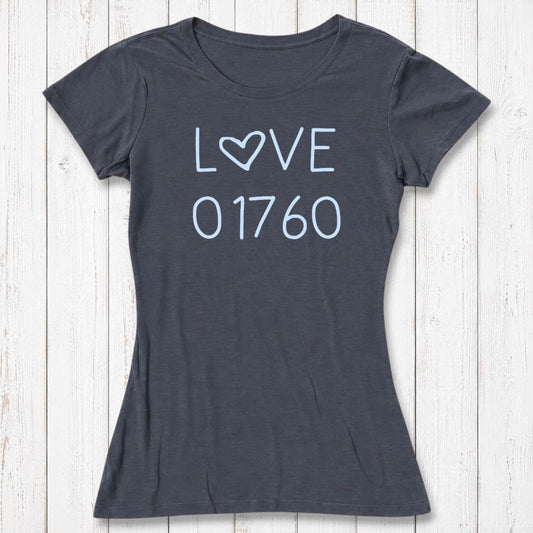 Dark gray women's T-shirt made of bamboo and organic cotton with light blue 'LOVE' text and heart symbol, casual style, size medium