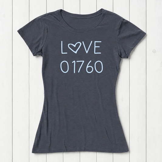 Dark gray women's T-shirt made of bamboo and organic cotton with light blue 'LOVE' text and heart symbol, casual style, size medium