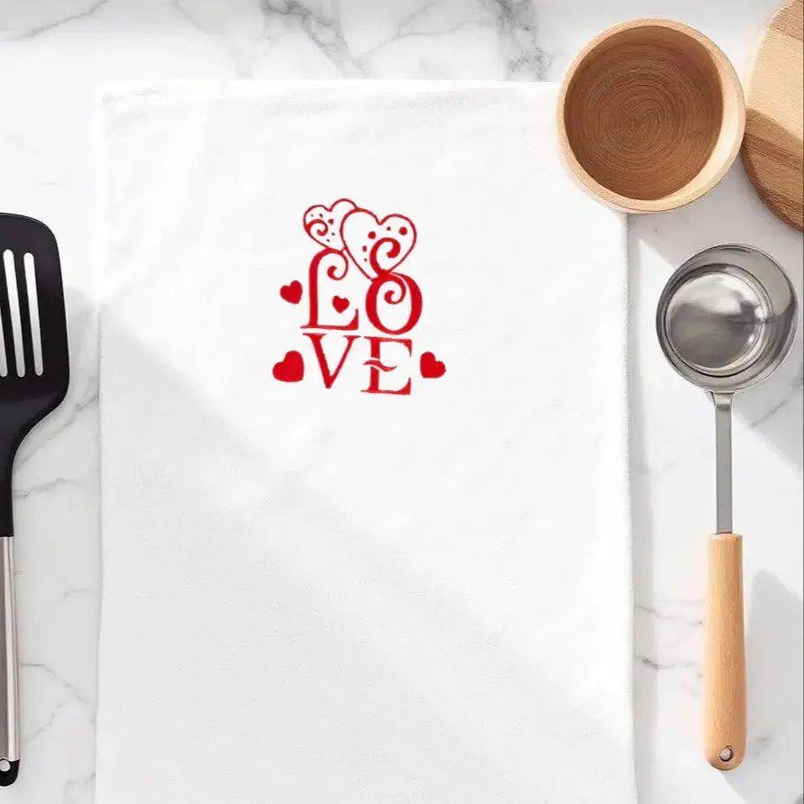 Love Embroidered Towel - Embroidered Kitchen Towel with red heart and love design, ideal for dish-drying and gifting in home kitchens.