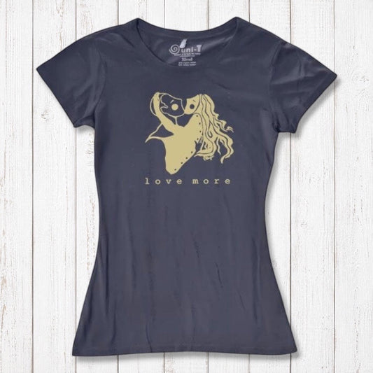 Navy blue Women's Love T-Shirt made from bamboo & organic cotton with 'Love More' heart graphic. Eco-friendly romantic anniversary gift.