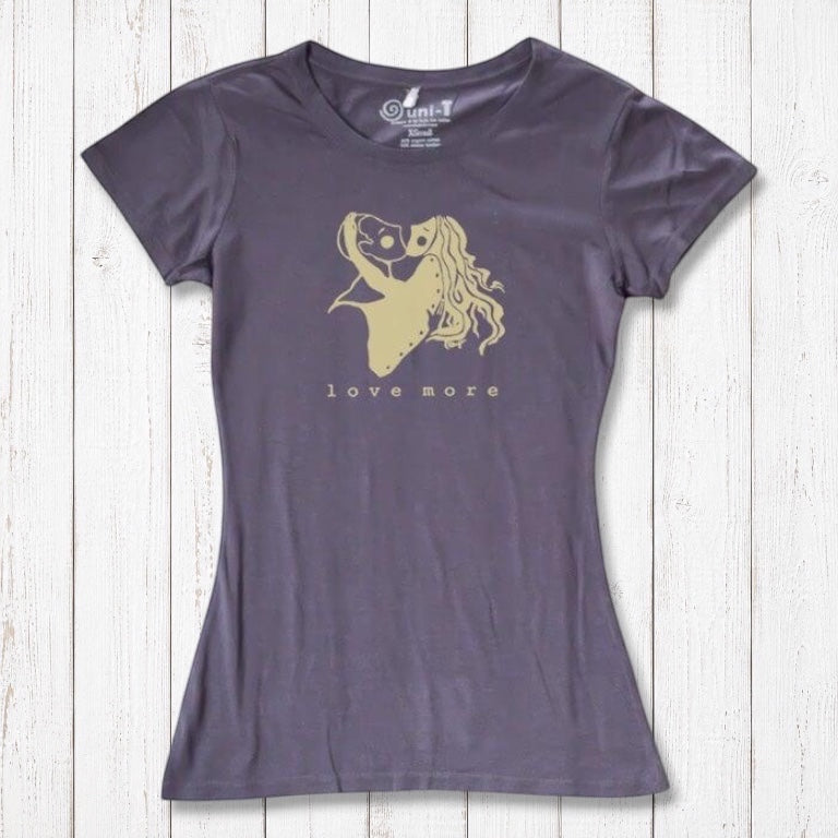 Charcoal gray Love More T-Shirt for women made from bamboo & organic cotton. Romantic heart graphic tee for sustainable fashion lovers.