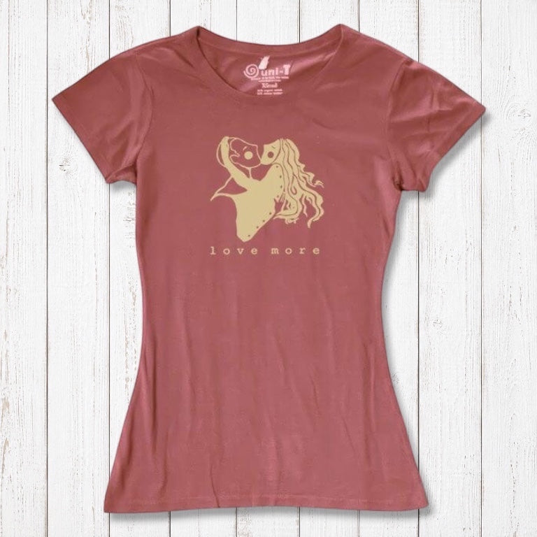 Rust red Women's Love More T-Shirt in bamboo & organic cotton with romantic heart design. Thoughtful eco-friendly gift for her.