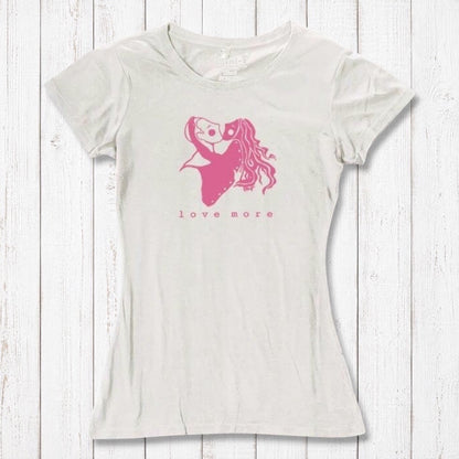 Ivory white Love More T-Shirt for women with pink heart graphic, crafted from bamboo & organic cotton. Romantic and sustainable gift idea.