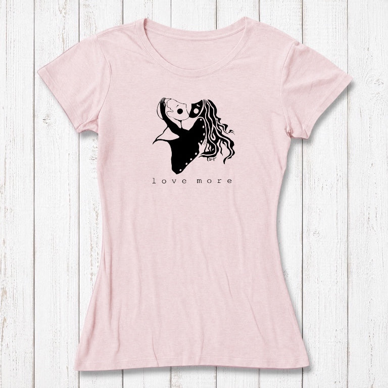 Light pink Women's Love More T-Shirt in bamboo & organic cotton with white heart graphic. Perfect romantic eco-gift for girlfriend or wife.