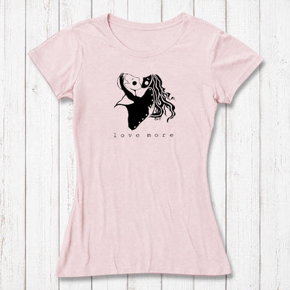 Light pink Women's Love More T-Shirt in bamboo & organic cotton with white heart graphic. Perfect romantic eco-gift for girlfriend or wife.