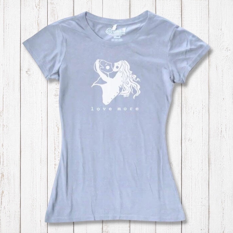 Pale lavender Women's Love More T-Shirt made from bamboo & organic cotton with white heart graphic. Eco-friendly romantic tee.