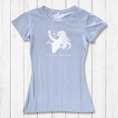Pale lavender Women's Love More T-Shirt made from bamboo & organic cotton with white heart graphic. Eco-friendly romantic tee.