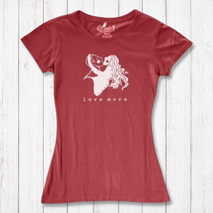 Brick red Love More T-Shirt for women in bamboo & organic cotton with white heart graphic. Sustainable romantic gift for her.