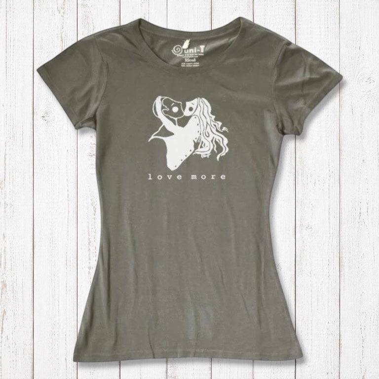 Olive green Women's Love More T-Shirt in bamboo & organic cotton with white heart graphic. Eco-conscious romantic apparel gift.
