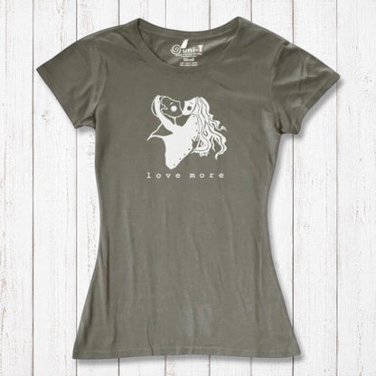 Olive green Women's Love More T-Shirt in bamboo & organic cotton with white heart graphic. Eco-conscious romantic apparel gift.