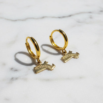 Gold Massachusetts state earrings with charm