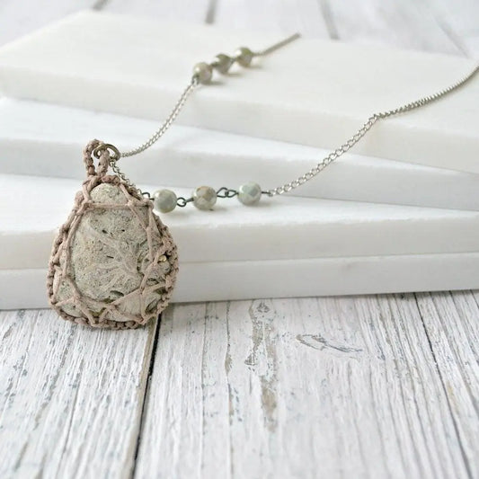 Macrame Stone-Wrapped Pendant with Seed Beads - Uni-T