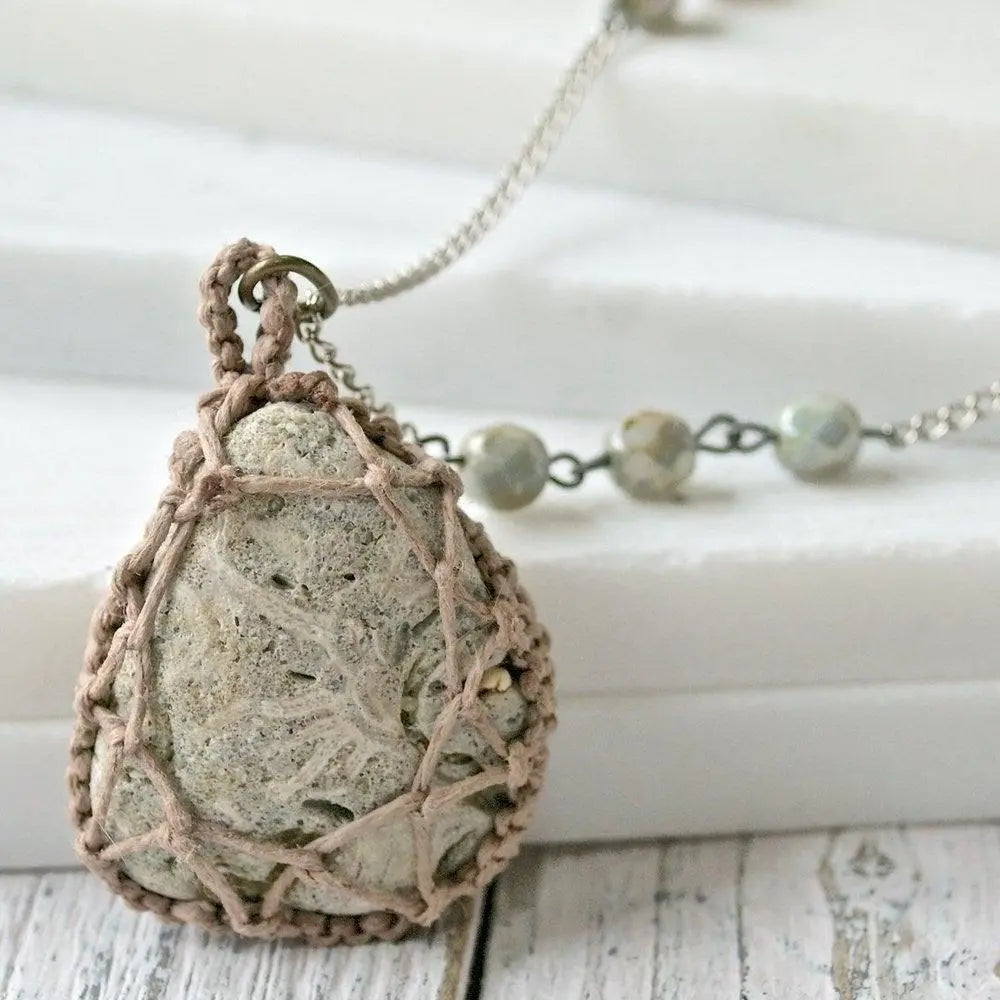 Macrame Stone-Wrapped Pendant with Seed Beads - Uni-T