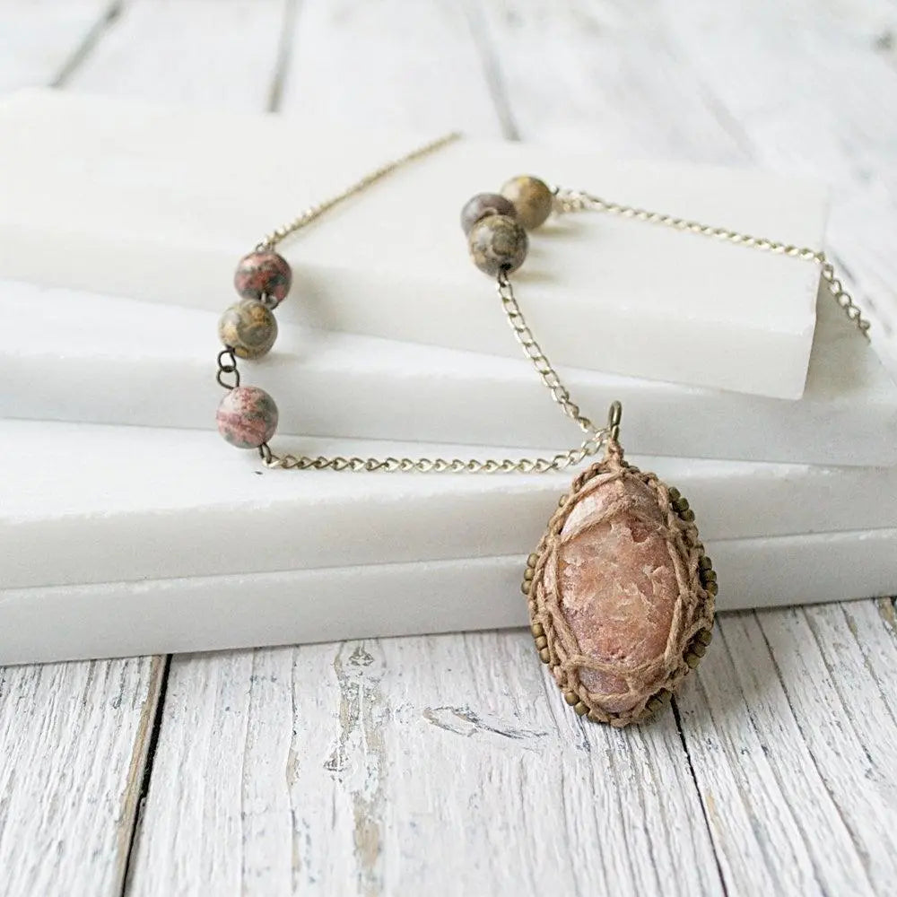 Macrame Stone-Wrapped Pendant with Seed Beads - Uni-T