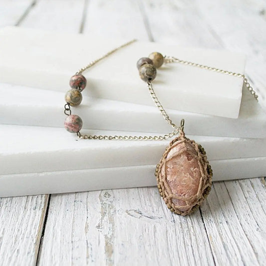 Macrame Stone-Wrapped Pendant with Seed Beads - Uni-T