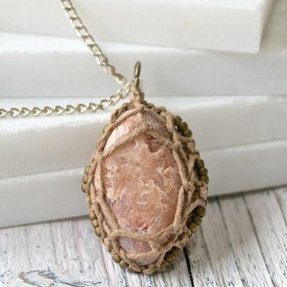 Macrame Stone-Wrapped Pendant with Seed Beads - Uni-T