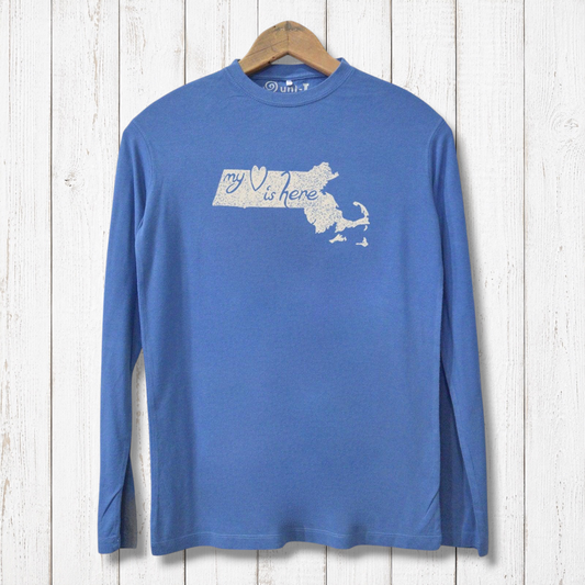 Men's Massachusetts Long Sleeve T-Shirt in blue with 'My Heart Is Here' graphic over state outline. Eco-friendly bamboo and organic cotton fabric.