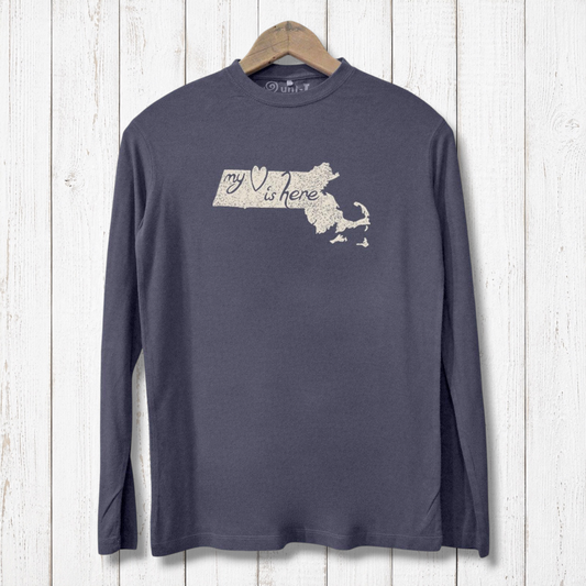 Eco-conscious men's long sleeve T-shirt in navy featuring Massachusetts state outline and 'My Heart Is Here' text. Made from bamboo and organic cotton.