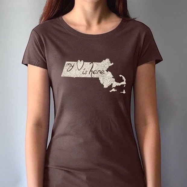 Woman modeling fitted brown Massachusetts T-Shirt made from bamboo and organic cotton, featuring 'My Heart Is Here' state pride graphic.