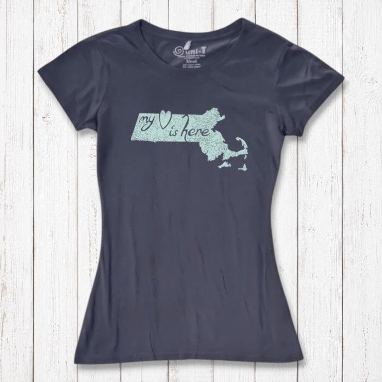 Charcoal gray Women's Massachusetts T-Shirt with mint green 'My Heart Is Here' graphic, made from bamboo and organic cotton by Uni-T.