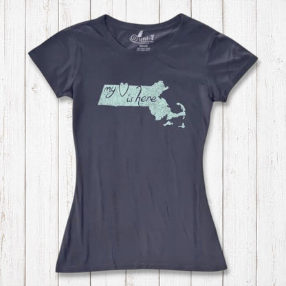 Charcoal gray Women's Massachusetts T-Shirt with mint green 'My Heart Is Here' graphic, made from bamboo and organic cotton by Uni-T.