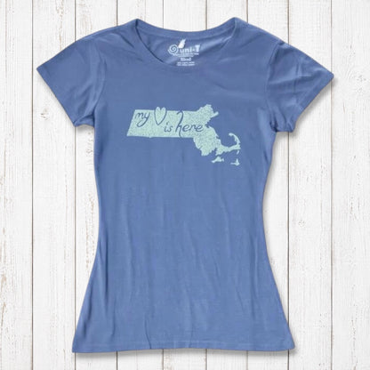Light blue bamboo and organic cotton Women's Massachusetts T-Shirt with 'My Heart Is Here' graphic, sustainable Bay State souvenir tee.