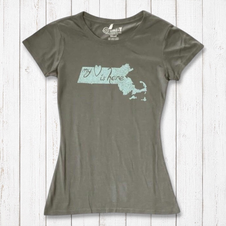 Olive green Women's Massachusetts T-Shirt in bamboo and organic cotton, featuring 'My Heart Is Here' state pride graphic by Uni-T.