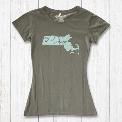 Olive green Women's Massachusetts T-Shirt in bamboo and organic cotton, featuring 'My Heart Is Here' state pride graphic by Uni-T.