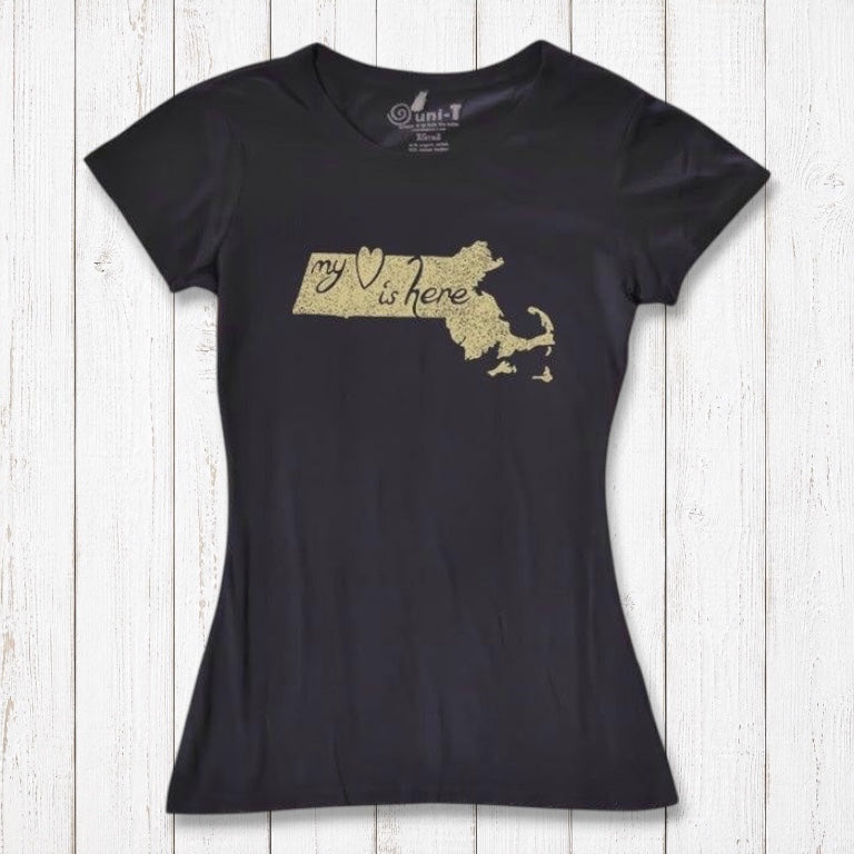 Black Women's Massachusetts T-Shirt with gold 'My Heart Is Here' graphic, crafted from bamboo and organic cotton for eco-conscious style.