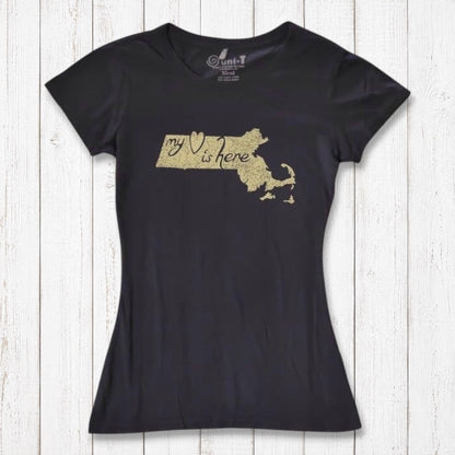 Black Women's Massachusetts T-Shirt with gold 'My Heart Is Here' graphic, crafted from bamboo and organic cotton for eco-conscious style.