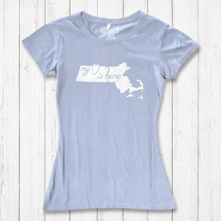 Pale blue Women's Massachusetts T-Shirt with white 'My Heart Is Here' graphic, made from soft bamboo and organic cotton blend.