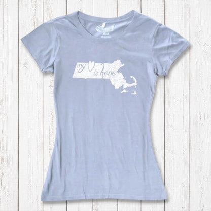 Pale blue Women's Massachusetts T-Shirt with white 'My Heart Is Here' graphic, made from soft bamboo and organic cotton blend.