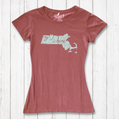 Rust red Women's Massachusetts T-Shirt with mint 'My Heart Is Here' graphic, sustainable bamboo and organic cotton souvenir tee.