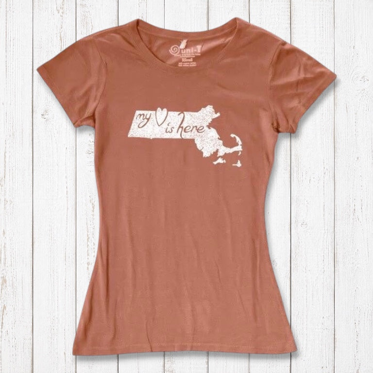 Terracotta Women's Massachusetts T-Shirt with white 'My Heart Is Here' graphic, made from eco-friendly bamboo and organic cotton.