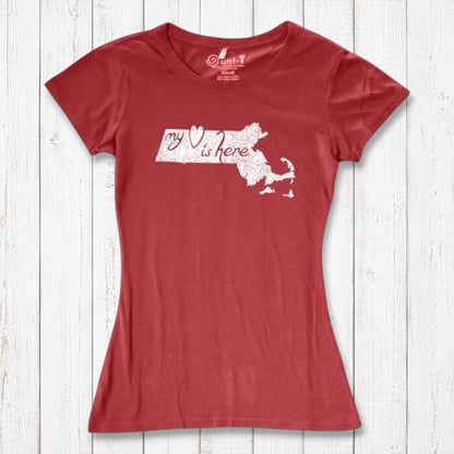 Red Women's Massachusetts T-Shirt featuring white 'My Heart Is Here' graphic, crafted from bamboo and organic cotton by Uni-T.