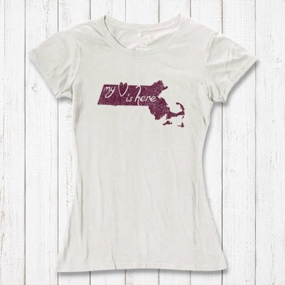 Ivory Women's Massachusetts T-Shirt with maroon 'My Heart Is Here' graphic, sustainable bamboo and organic cotton state pride tee.