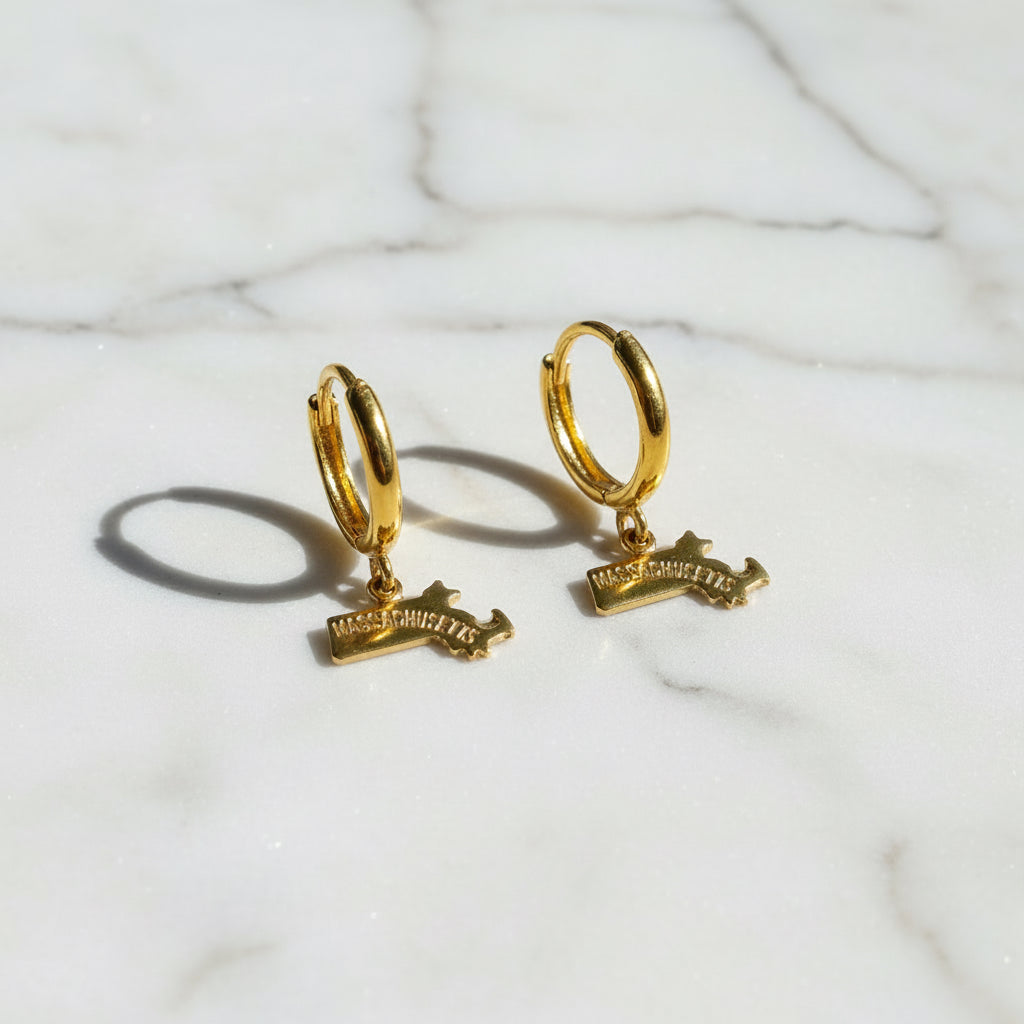 Gold Massachusetts Love Earrings with state outline charm